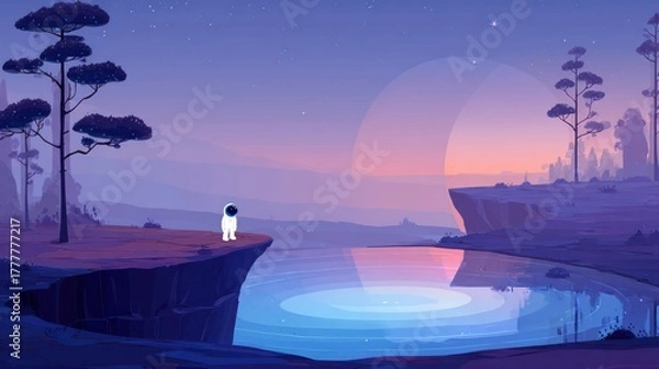 Fototapeta A solitary astronaut stands on a cliff overlooking a serene, purple-toned lake at dusk, reflecting the pastel hues of the sky.