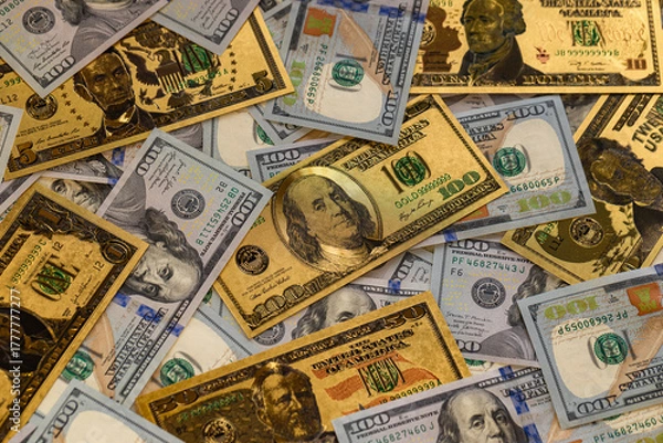 Fototapeta Real and Golden Money Financial Contrast Background