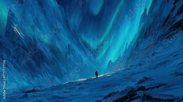 Obraz A solitary figure stands amidst a breathtaking landscape of icy peaks illuminated by a vibrant aurora borealis.