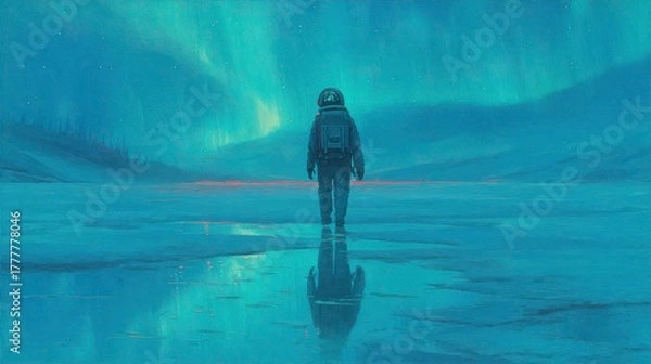 Obraz A solitary astronaut, reflecting in a frozen landscape, gazes at a vibrant aurora borealis display.