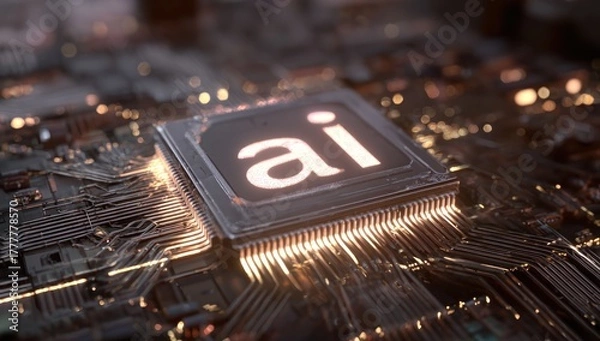 Fototapeta Glowing ai text on a dark electronic circuit board close up.