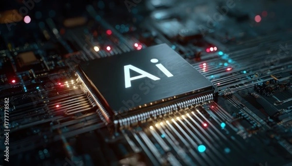 Fototapeta Glowing ai chip on dark electronic circuit board with bokeh lights