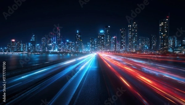 Fototapeta Cityscape at night with light trails from fast moving traffic on road.