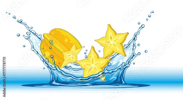 Fototapeta Starfruit Splash Creation: A Vibrant Depiction of Aqueous Fruit in Animated Style
