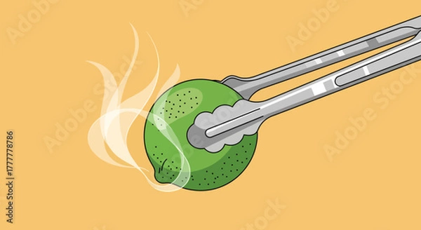 Fototapeta Steaming Lime Held By Tongs Artwork With An Orange Background Minimalist Design