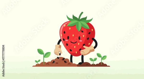 Fototapeta Strawberry Character Planting Seeds in Garden Enjoying the Process for a Healthy Food Image