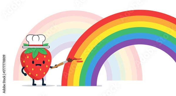 Fototapeta Strawberry Chef Painting a Bright Rainbow on a Whimsical and Colorful Illustration
