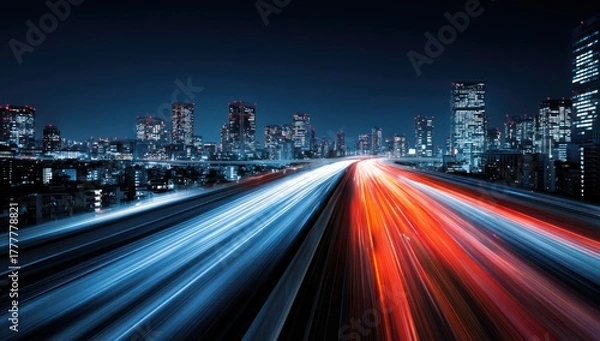 Fototapeta City highway at night with light trails and illuminated skyscrapers background
