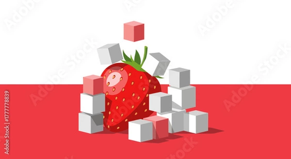 Fototapeta Strawberry Surrounded By Cubes And Colors Illustrating Sweetness And Design