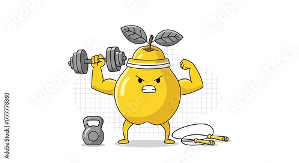 Fototapeta Strong Pear Character Lifting Weights With Serious Expression During Workout Session