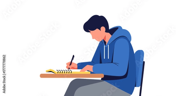 Fototapeta Student Focused On Writing In Notebook With Blue Clothing And Dark Background