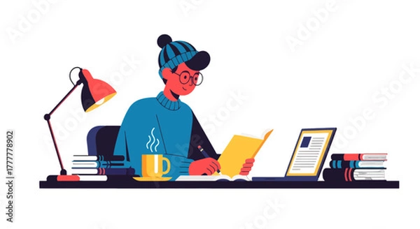 Fototapeta Student Reading, Working, and Relaxing with Coffee in Evening Warmth and Peaceful Mode