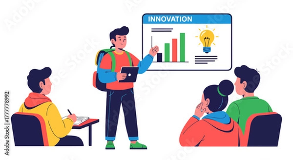 Fototapeta Students Collaboration: Innovation Presentation and Educational Digital Visualization of Ideas