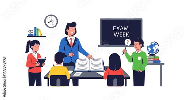 Fototapeta Students And Teacher In Classroom Setting Preparing Together During Exam Week