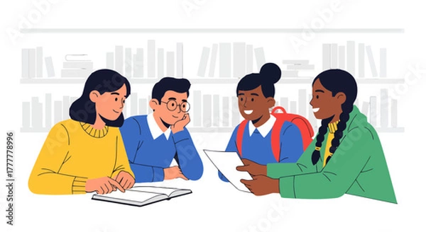 Fototapeta Students Collaborative Study Session In Library Preparing for Exams Surrounded by Books