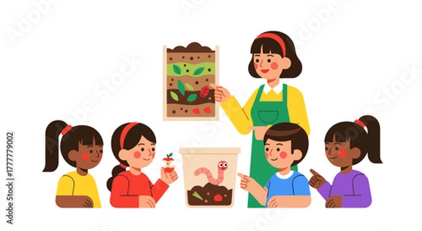 Fototapeta Students Discovering Science: A Teacher Explains Worm Composting, Illustrative Educational Chart