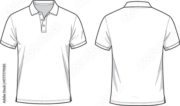 Obraz White polo shirt technical sketch, front and back view, fashion flat drawing, apparel design, garment template, vector illustration, clothing mockup