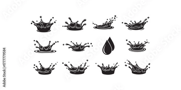 Fototapeta Splash water vector black set icon. Fresh droplet isolated black set icon. Vector illustration splash water on white background. Collection of Black and White Water Splash and Wave 