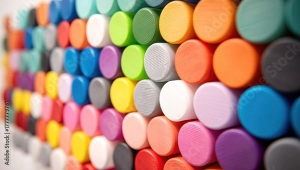 Fototapeta Stacked colorful cylindrical objects viewed up close with shallow depth of field.