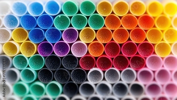 Fototapeta Stacked colorful plastic drinking straws create a vibrant abstract pattern.