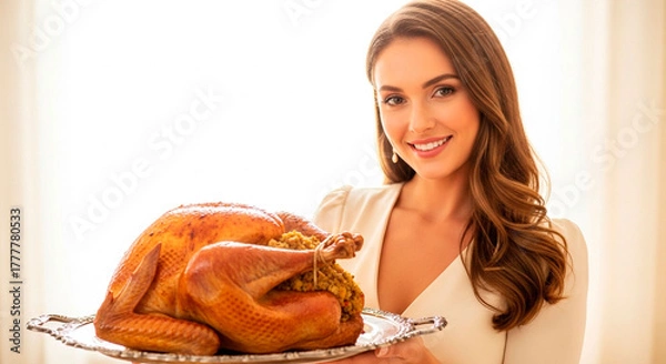 Fototapeta Smiling Young Woman Holding a Beautiful, Large Roasted Turkey in Warm Tones Against a White Background