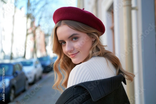 Fototapeta Young woman wearing a red beret and stylish coat poses confidently on a vibrant city street, looking over her shoulder with a cheerful smile. Generative AI.