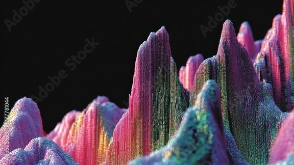 Fototapeta A vibrant, abstract landscape composed of textured, multicolored peaks and valleys.
