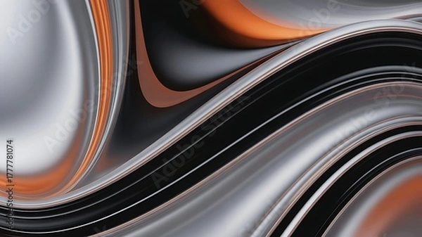 Fototapeta Abstract flowing liquid metal with orange and black swirls and metallic reflections