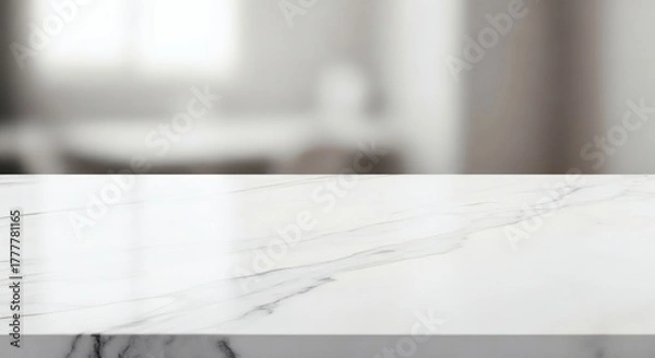Fototapeta Elegant white marble stone table top against a blurred kitchen interior for showcasing food or culinary products