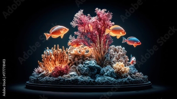 Fototapeta A vibrant coral reef scene, featuring colorful fish, coral, and seaweed, illuminated by a dramatic lighting effect.