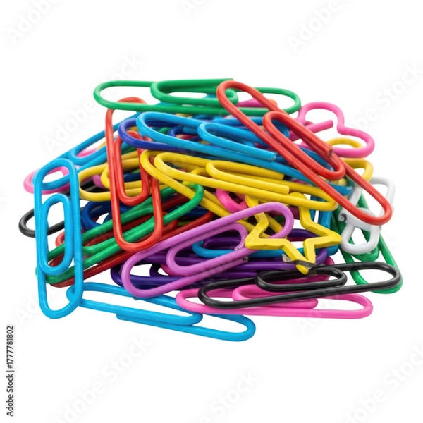 Fototapeta Pile of colorful plastic paperclips on transparent background