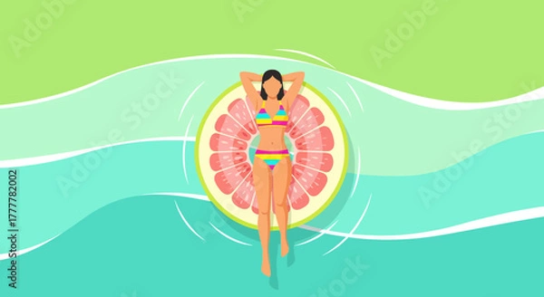 Fototapeta Summer Relaxation: A Woman Floats on Water With Grapefruit Pool Inflatable