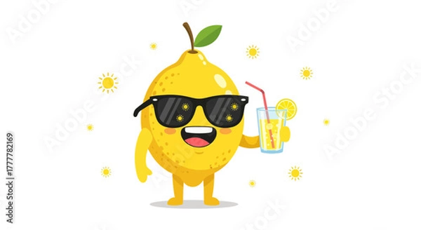 Fototapeta Summer Vibe Lemon Character with Sunglasses Drinks Refreshing Lemonade in the Sun