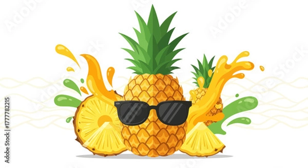 Fototapeta Summer Vibe: Refreshing Pineapple Illustration with Sunglasses and Juice Splash