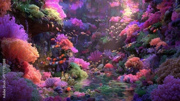Fototapeta Vibrant coral reef teeming with colorful fish in a luminous underwater scene.