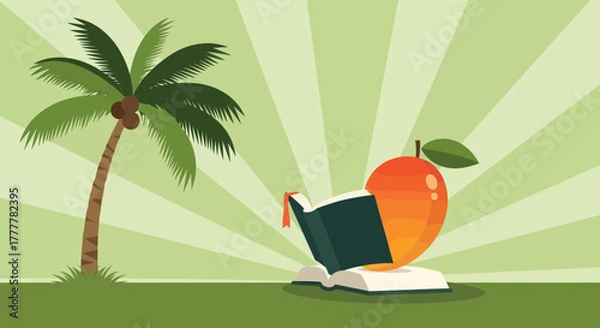 Fototapeta Sunlit Tropical Paradise: Mango Reading Under a Palm Tree, Peaceful Reading