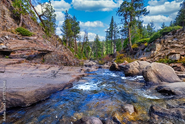 Fototapeta Mountain river below Glen Alpine Falls near Fallen Leaf Lake at Lake Tahoe California USA flowing over smooth granite rocks surrounded by pine forest and colorful autumn vegetation under blue sky