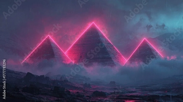 Fototapeta Ancient pyramids stand illuminated by vibrant pink neon light in a dramatic, misty landscape under a stormy sky.