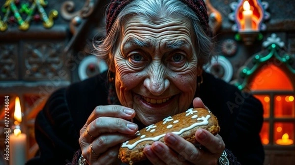 Obraz Portrait of witch offering gingerbread with gingerbread house in background, illustration for fairy tale "Hansel and Gretel"