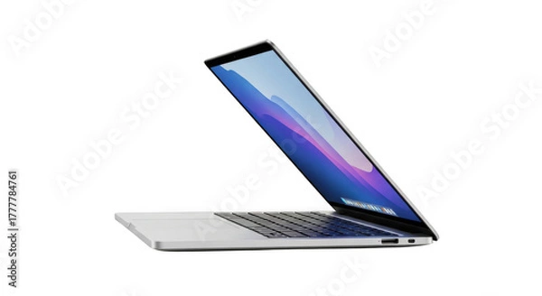 Fototapeta Sleek silver laptop displaying a vibrant screen on a black background