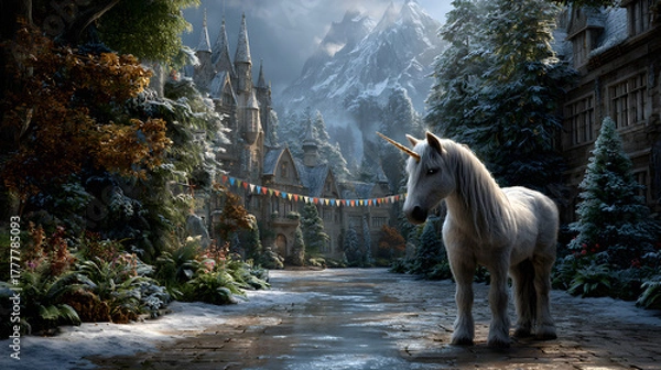 Obraz A majestic unicorn standing in a winter castle courtyard decorated with festive lights and pine trees. 