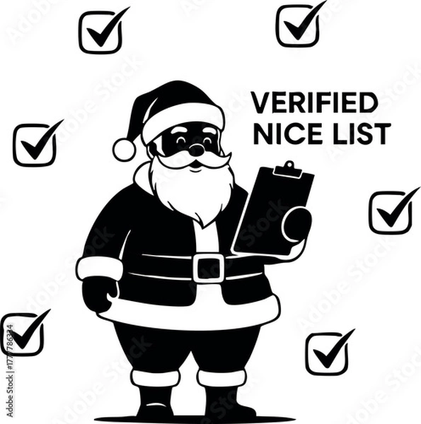 Fototapeta Santa Claus holding checklist verifying nice list with checkmarks Christmas vector illustration for festive holiday design 