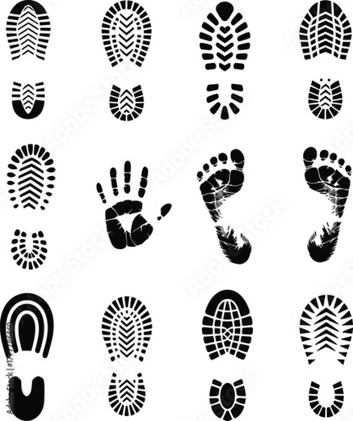 Fototapeta Print silhouette vector set, shoe sole patterns, handprint and barefoot designs, forensic texture grid, identification concept, black icon collection