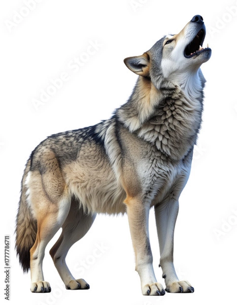Obraz A realistic wolf standing on all fours, head tilted upward and mouth open, A full body shot of a wolf standing and howling with its mouth open against a transparent background, PNG.