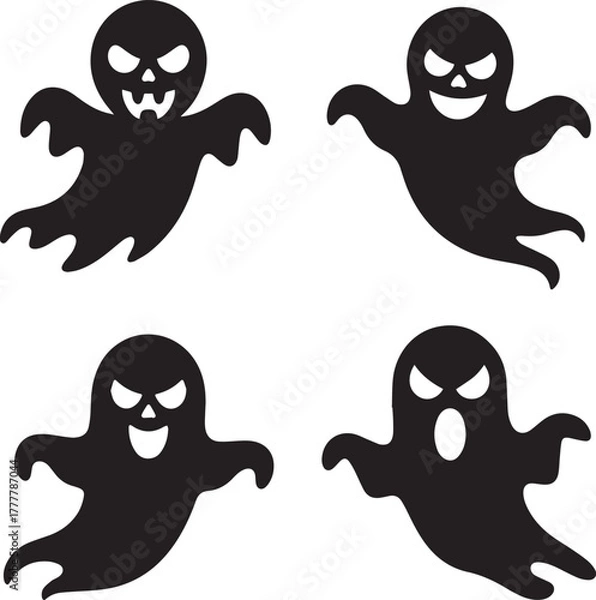 Obraz Four black halloween ghost silhouettes with different expressions on white background