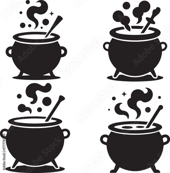 Obraz Four black and white vector illustrations of cauldrons with bubbling potions inside