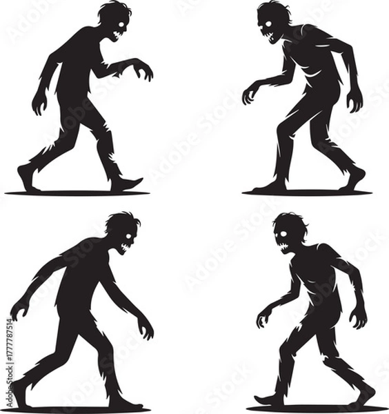 Fototapeta Four zombie silhouettes walking in different poses isolated on a white background
