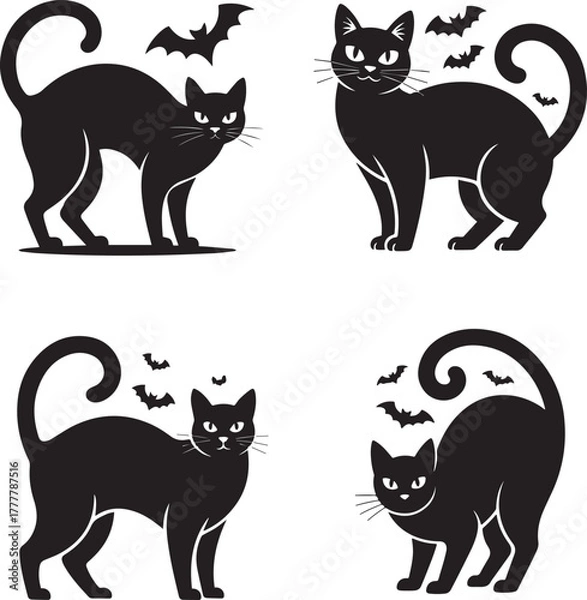 Fototapeta Four black cats with arched backs and bats flying above them on a white background