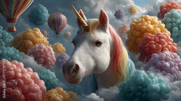Obraz Unicorn Floating with Pastel Hot Air Balloons Above the Clouds – Dreamy Fantasy Illustration