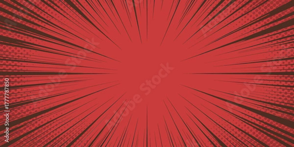 Obraz Red Comic Book Speed Lines Background With Halftone Dots and Radial Blur Effect for Manga Pages